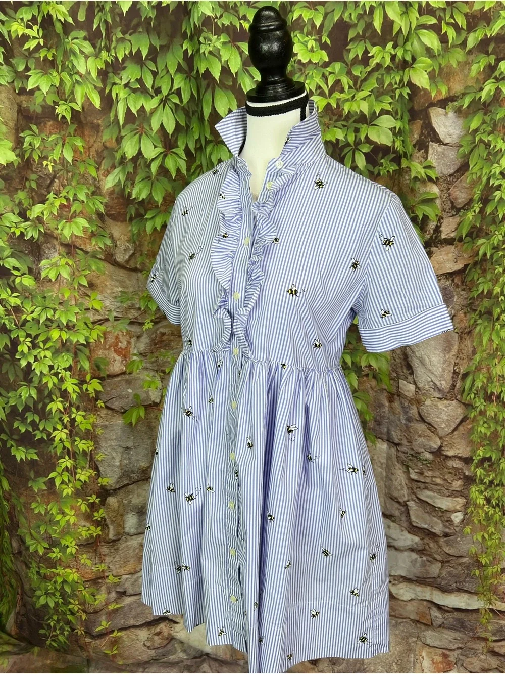 KATE SPADE Abuzz Poplin Blue and White Striped Bee Print Poplin Luxury Dress, XS